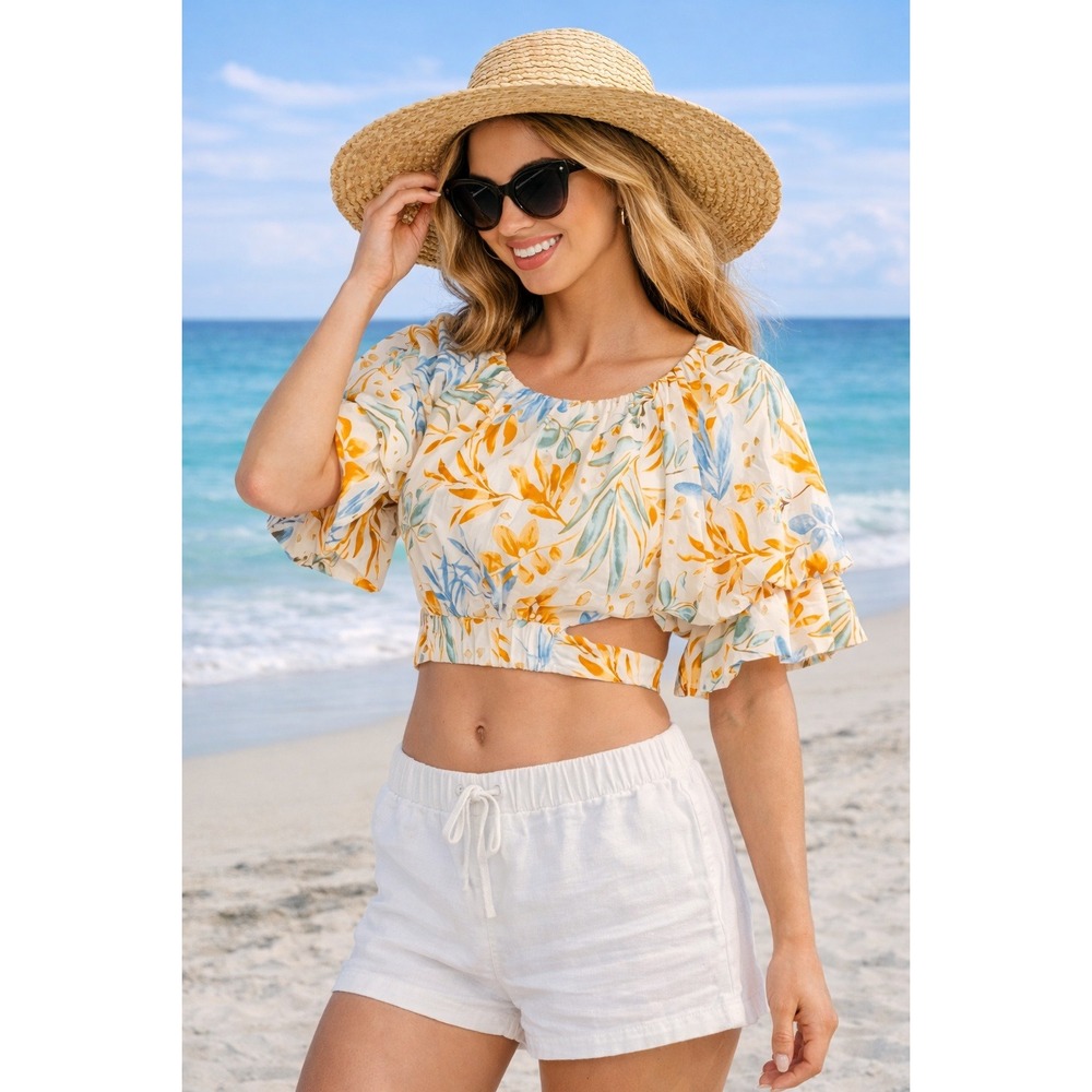 Floral Crop Top Tiered Ruffle Sleeve Sz S Open Tie Back Summer Cotton Blend NEW